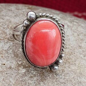Vtg Navajo Sterling Silver Agatized Coral Ring Size 6.25 Ball Braided Setting